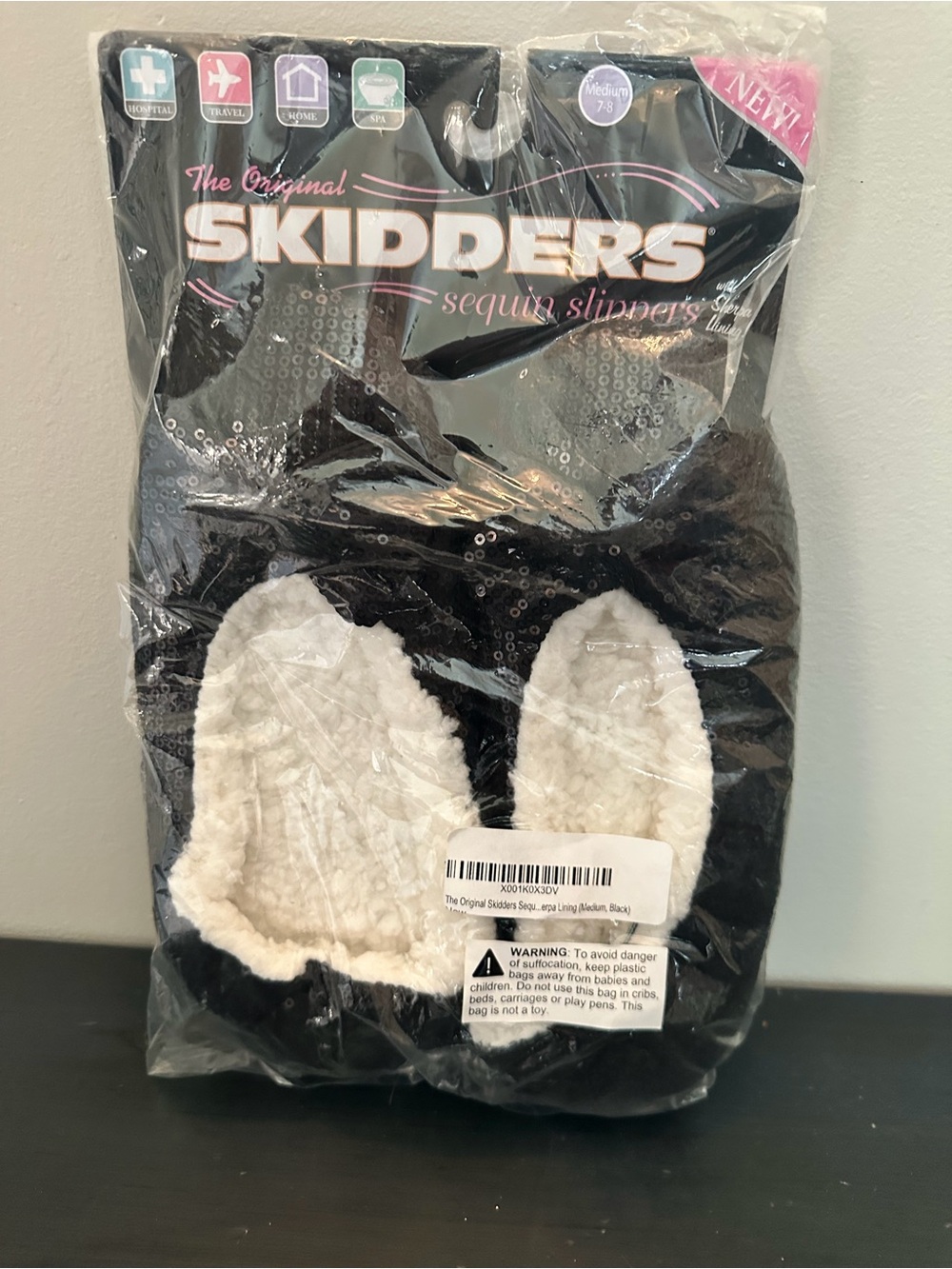 Skidders Sequin Slippers - Black with White Lining size 7-8